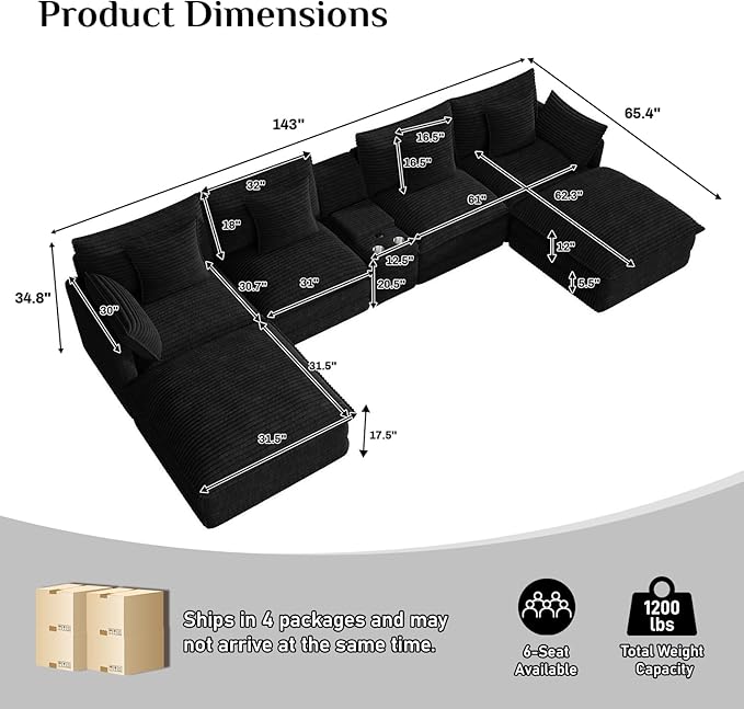 143 Oversized Modular Sectional Sofa U Shaped Cloud Couch 6 Seat Sofa Set for Living Room Comfy Corduroy Deep Seat with Storage Central Console Movable Ottomans USB Ports Cup Holders Black