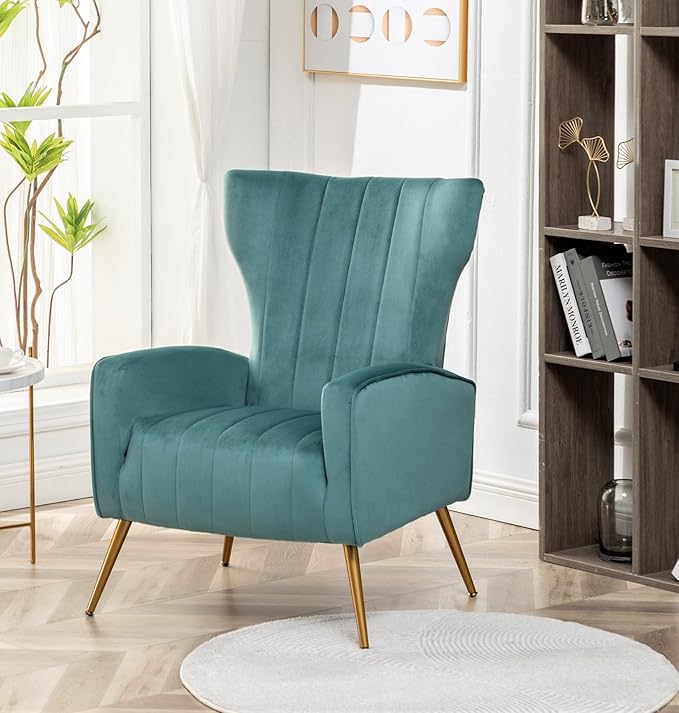 Modern Velvet Accent Chair Channel Tufted Bedroom Office or Living Room Furniture with Elegant Metal Legs 26 Wide Armchair Teal