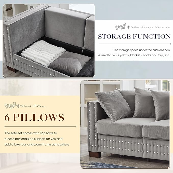 84.5W Mid Century Modern Couch with Storage Upholstered Velvet Sofa Deep Seat Chesterfield Couch with Nailhead Trim &amp Pillows 3-Seat Comfy Sofa for Living Room Bedroom Apartment Office(Grey