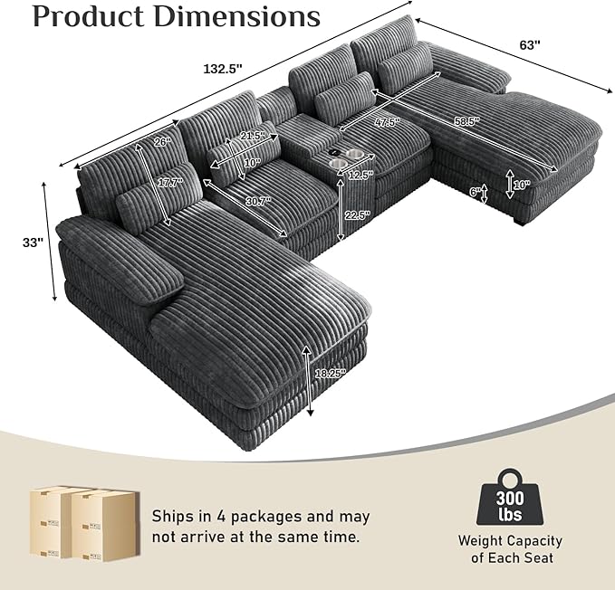 133 Oversized U Shaped Cloud Couch Modular Sectional Couches for Living Room Comfy Corduroy Deep Seat Sofa Set with Double Chaise Lounge Storage Central Console Cup Holders USB Port Dark Grey