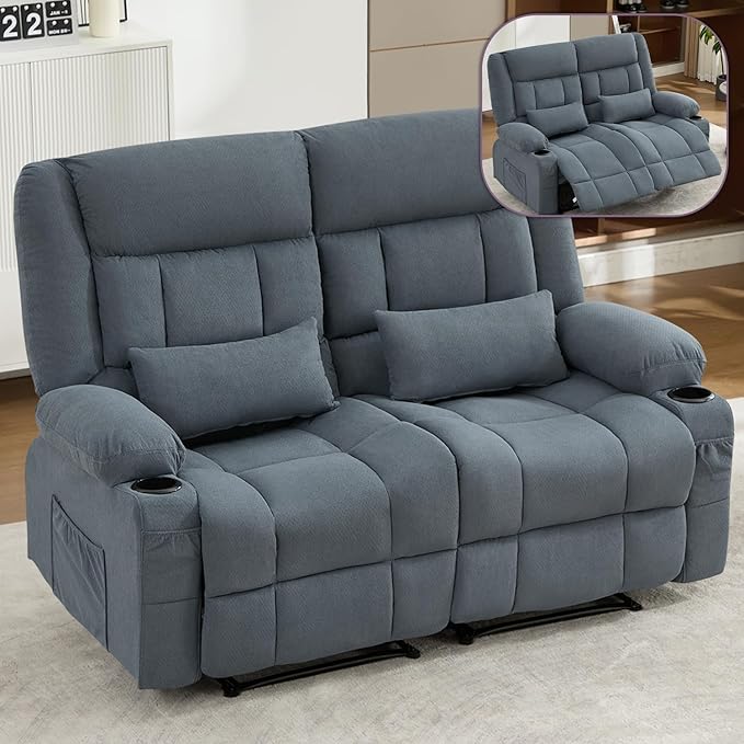 Recliner Loveseat Sofa with Cup Holders 2-Seater Fabric Reclining Couch Manual Recliner Chairs Sofas Wall Hugger for Living Room Small Spaces Home Theater RV Ergonomic Love Seats (Blue - 2 Seats)