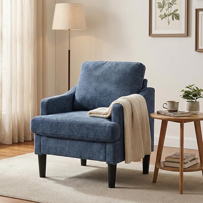 Mid-Century Modern Accent ChairBlue Armchair Comfy Living Room ChairsSofa Chair for Bedroom Apartment Studio Waiting Room Ideal as Readingchair with Plastic Legs