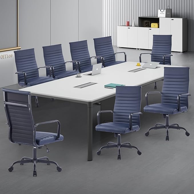 Office Chair Ergonomic Executive Conference Room Chairs Ribbed Leather Desk Chair with Lumbar Support Adjustable Height Mid-Back Swivel Chair with Padded Seat