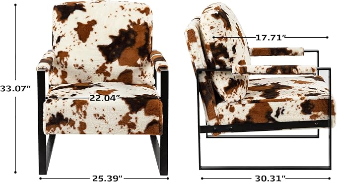GIA Mid Century Modern Accent Chair Upholstered in Faux Fur Armchair with Black Metal Basefor Living Room Bedroom Home Office Set of 2 Brown Cow Print