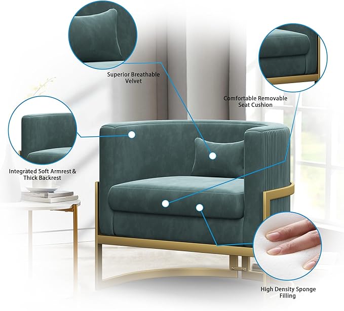 Alunaune Modern Velvet Barrel Accent Chair Upholstered Armchair Mid Century Living Room Chairs Sofa Tub Bucket Club Lounge Side Chair for Bedroom-Lake Blue