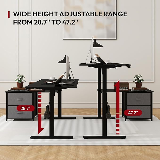 SANODESK 63'' L Shaped Standing Desk with 2-Drawer File Cabinet Electric Height Adjustable Stand up Desk w/USB Charge Ports Home Office Modern Wood Computer Desk with ShelvesBlack Frame/Black Top