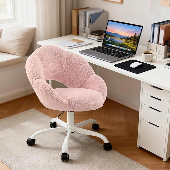 Vanity Chair Petal-Shaped Criss Cross Chair with WheelsUpholstered Tall Office Chair with Back for Girls WomenMid-Back Swivel Accent Chairs for Living Room Bedroom (Pink)