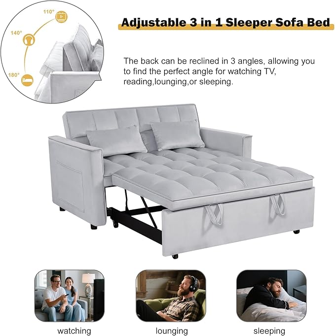 Convertible Sofa Bed Love Seat Sleeper Bed with Side Pockets 3 in 1 Velvet Fabric Pull Out Couch with Adjustable Backrest for Living Room Bedroom Apartment Light Gray
