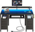 Seventable Computer Desk 55.1 with LED Lights &amp Power Outlets Home Office Desk with 4 Drawers Writing Desk with Keyboard Tray Study De sk with Monitor Stand Work for Home Office Black