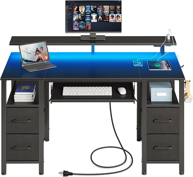 Seventable Computer Desk 55.1 with LED Lights &amp Power Outlets Home Office Desk with 4 Drawers Writing Desk with Keyboard Tray Study De sk with Monitor Stand Work for Home Office Black