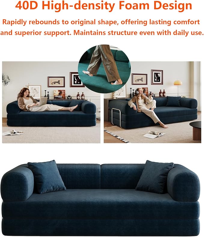 Convertible Sleeper Sofa Bed with Cylindrical Pillow 79 Inch Oversized Corduroy Upholstered Boneless CouchLove Seat Floor Sofas Living RoomSmall Space ApartmentOffice (Blue)