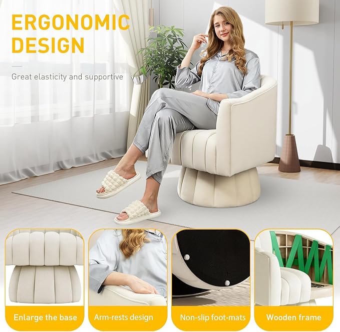 Accent Chair Mid Century 360 Degree Swivel ChairModern Lounge Sofa Round Barrel Chair with Wide UpholsteredFluffy Velvet Fabric Chairs for Home Sofa Living Room/Bedroom/Waiting Room (Beige)