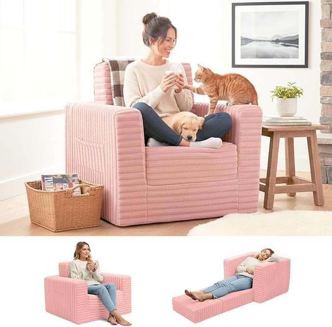 Welnow Folding Sofa Bed with Ottoman Convertible 2-in-1 Boneless Couch Futon Lounge Chair Bed for Adults Comfy Fold Out Sleeper Sofa for Small Spaces Living Room Bedroom or Dorm Pink