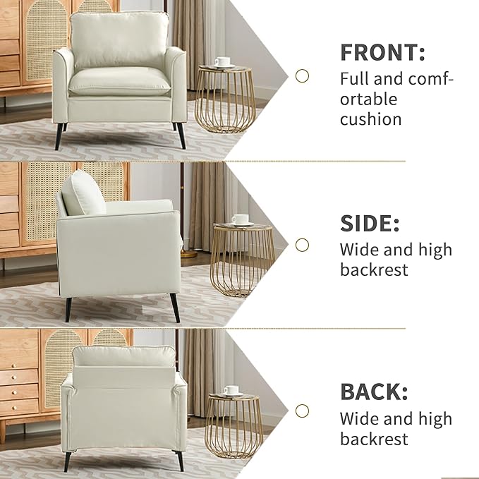 YITAI Modern Accent Living Room ChairsFaux Leather Oversized Single Sofa Chair with Metal Legs Mid Century Comfy Armchair for Bedroom/Office Reading/Lounge/Office/Reception2PCCream