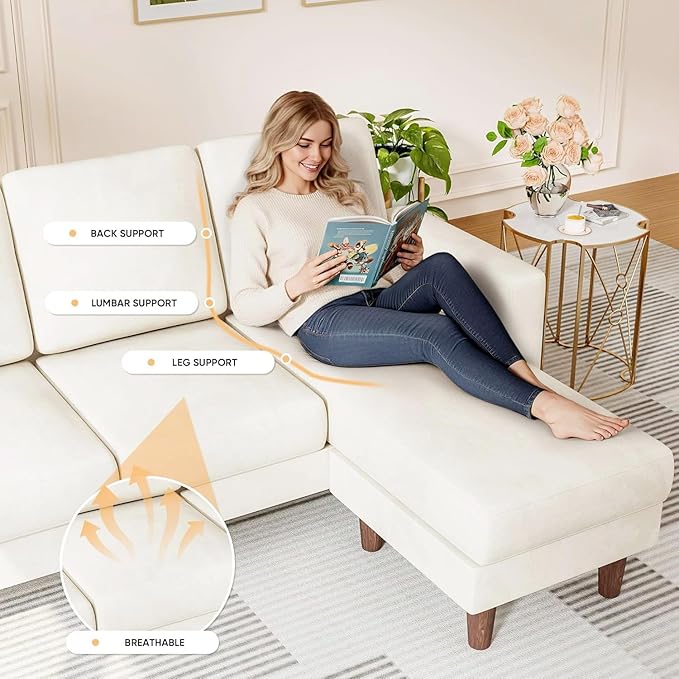 Homall Convertible Sectional Sofa 3 Seat L Shaped Couch with Side Storage Pocket Sofas with Movable Ottoman Small Linen Couches for Living Room &amp Apartment (Linen Fabric White)