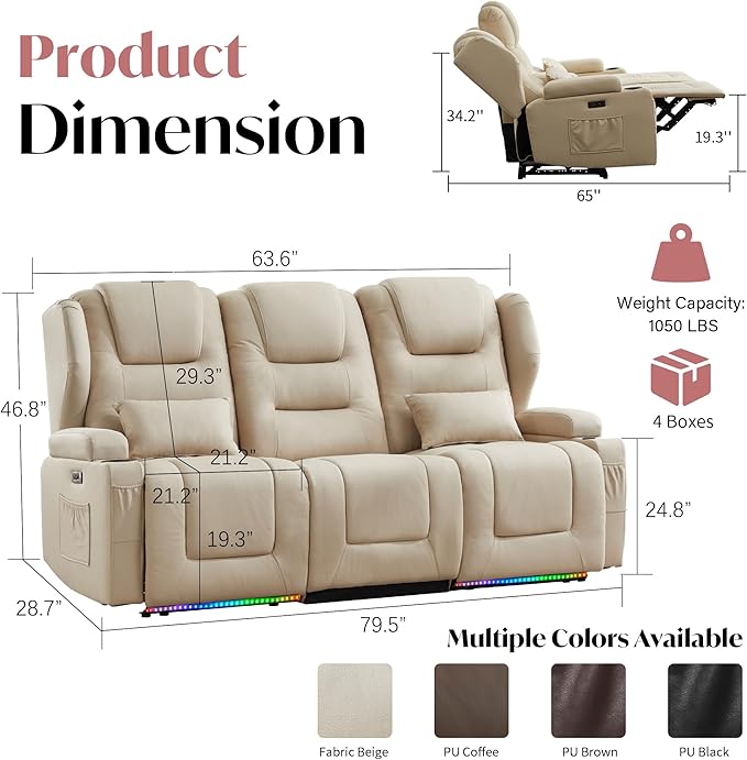 Power Loveseat Recliner SofaReclining Loveseat RV Recliners with Speaker/USB Ports/LED LightsPower Recliner Loveseat Sofa with Cup Holders for Living Room (Beige 3-Seater)