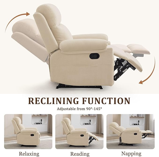 Recliner Chair Manual Recliner for Adults with Side Pocket Small Recliners for Small Spaces Adjustable Comfy Overstuffed Corduroy Reclining Chairs for Living Room Reading Bedroom Beige