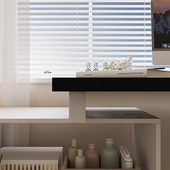 L Shaped Computer Desk 47 Inch Home Office Desk with File Drawers &amp Storage Shelves Small Corner Computer Desk for Small Space (White+Black)