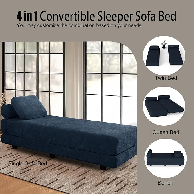 Upholstered Daybed30'' Wide Convertible Day Bed Twin to QueenExtendable Daybed Sofa Day Bed Couch for Small Space Guest Room (1 PolysterDark Blue)