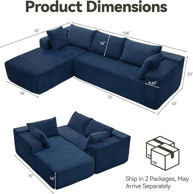 106 Modular Sectional Sofa Blue Corduroy Cloud Couch with Right Chaise Deep Seat Boneless Floor Sofa for Living Room High-Resilience Foam Support No Assembly Required Includes Pillows | Sectiona