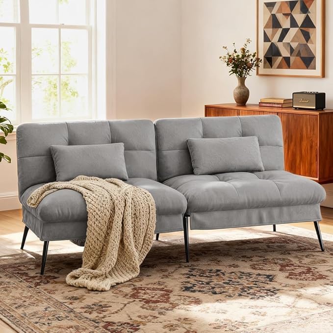COMHOMA Convertible Futon Sofa Bed 72″Fabric Futons Couch with Adjustable Backrest Folding Sleeper Recliner for Living Room Furniture (Grey)