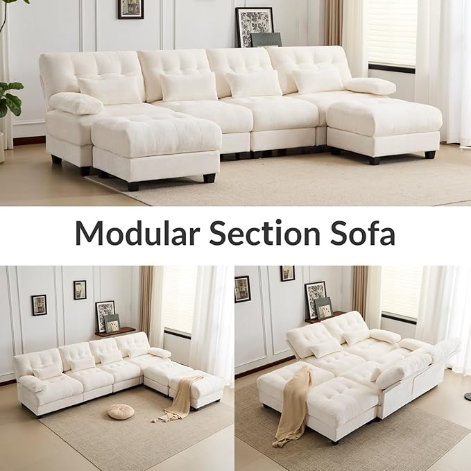 KEIKI 119 4 Seater Chenille Modular Sectional Couches with 4-Position Adjustable Backrest 2 Ottoman &amp 4 Throw Pillows Comfy Couch Sofa for Living Room Apartment Indoor 350lb/Seat
