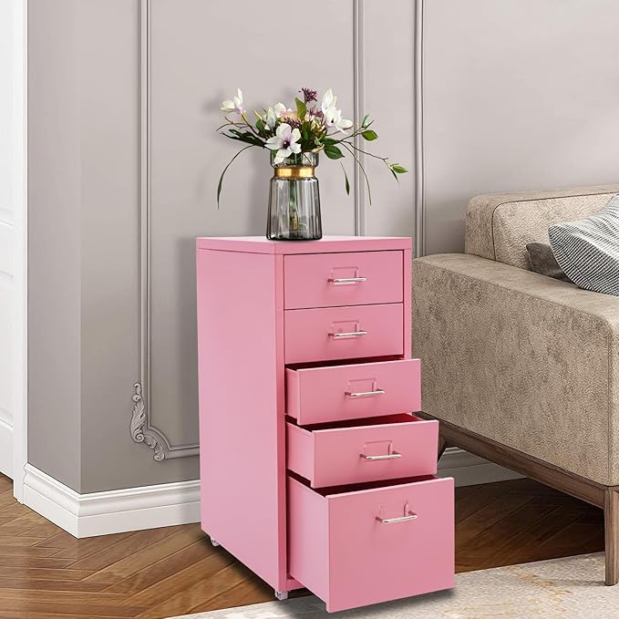5 Drawer Rolling File Cabinet Metal Vertical File Storage Cabinet w/Index Label 27” Mobile Underdesk Chest for Files Documents Literature Storage Cabinet on Wheels for Home Office Pink