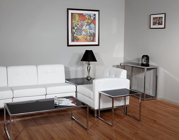 OSP Home Furnishings Wall Street Faux Leather Armchair with Box-Spring Cushion Button Tufted Back and Chrome Finish Base White