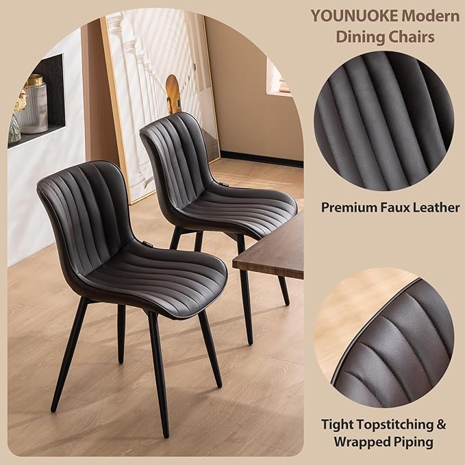 YOUNUOKE Dining Chairs Set of 2 Upholstered Mid Century Modern Kitchen Chair Comfortable Armless Faux Leather Accent Chair with Metal Legs for Guest Waiting Reception Living Room Dark Brown