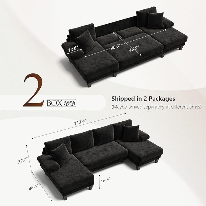 Txtin's Sleeper Sofa with Pull Out Couch Bed | 112 Inch Couches for Living Room | U-Shaped Convertible Sofa Bed | Chenille Black