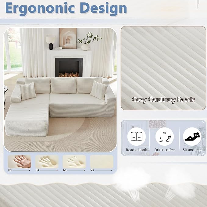 103 L-Shape Cloud Couch with Chaise Upholstered Corduroy Modular Sectional Sofa Deep Seat Couch with Free Combination for Living Room &amp ApartmentNo Assembly Required(WhiteLeft Facing Chaise)