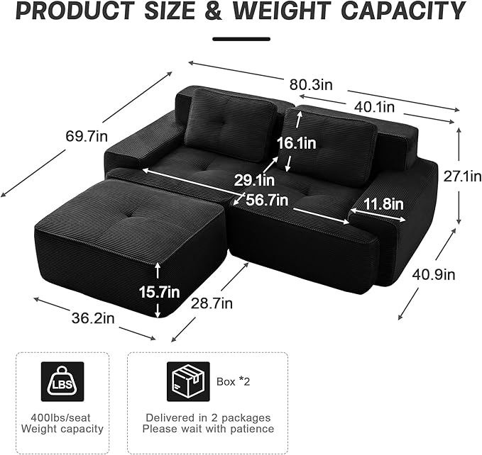 Casaphoria 80 Black Corduroy Cloud Couch Boneless Modular Sectional Sofa for Living Room with Deep 2-Seat &amp 1-Ottoman L Shape Cloud Couch No Assembly Required