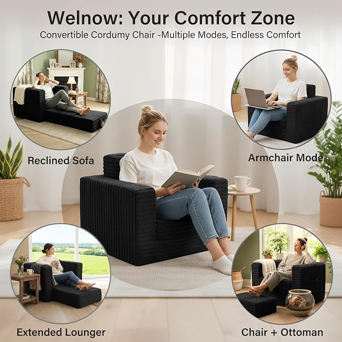 Welnow Folding Sofa Bed with Ottoman Convertible 2-in-1 Boneless Couch Futon Lounge Chair Bed for Adults Comfy Fold Out Sleeper Sofa for Small Spaces Living Room Bedroom or Dorm Black