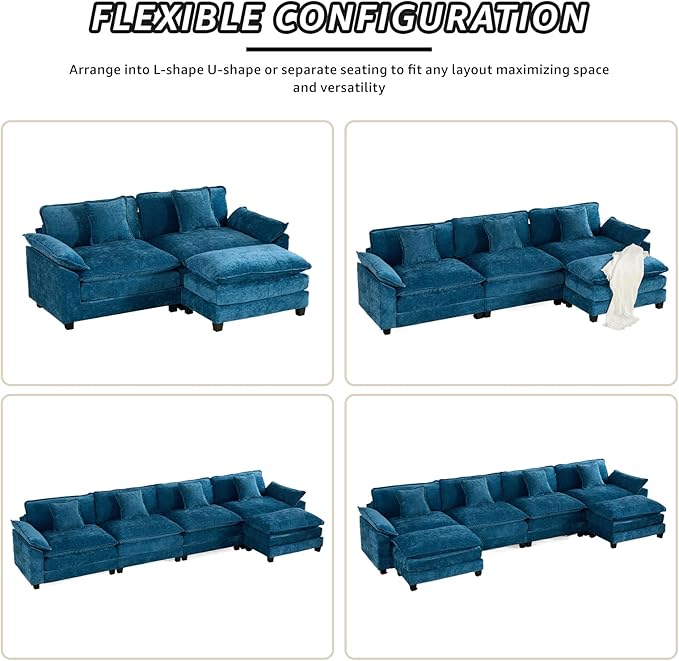 117.9 Modern Cozy Sectional Couches for Living Room Blue Chenille Comfy Cloud Couch Sectional 3 Seater Couch for Living Room Sofas para Sala I Shaped Sofas &amp Couches (Blue 3+0 Set)