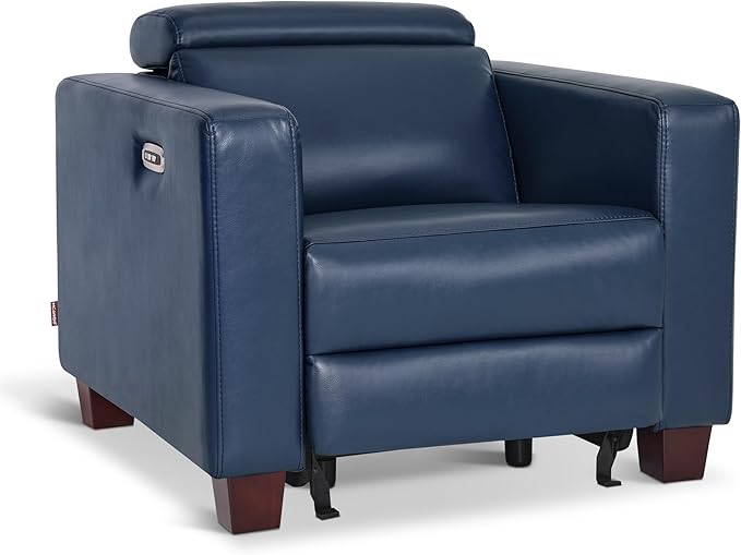 MCombo Zero Wall Recliner Chair Wall Hugger Power Recliner Chair with Power Headrest USB Charge Ports Wood Legs Modern Design for Living Room Small Spaces Faux Leather HL128 (Blue)
