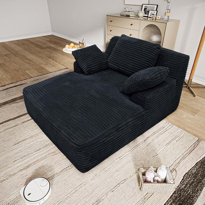 65.3'' Oversized Lounge Chaise Couch with Square Armrest Boneless Chaise Lounge with Cushions Corduroy Single Sofa Chair with 2 Pillows No Assembly for Living Room Apartment Black