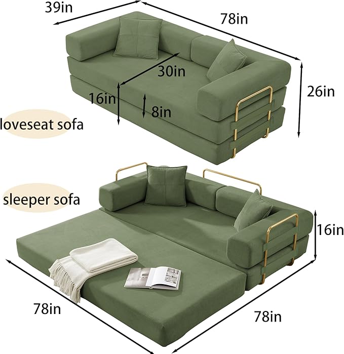 Folding Sofa Bed Convertible Sleeper Sofa Bed with Gold Fixed-Shape Frame Corduroy Floor Couch Lazy Compression Sofa for Living Room Bedroom Home Theater Green