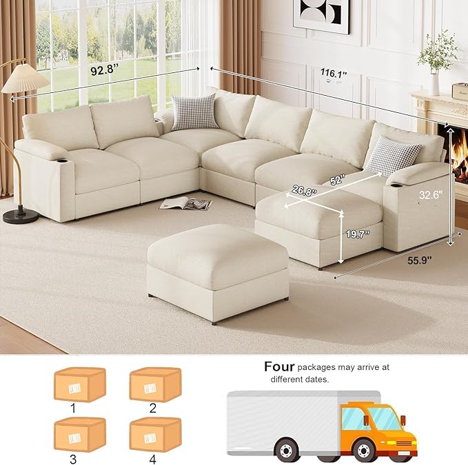 Sectional Couches for Living Room FSC Certified Velvet Modular Couch Oversized Cloud U Shaped Convertible Sleeper Sofa Chaise Detachable Armrest Cushio (Chenille Beige U Shape 8 Seat)