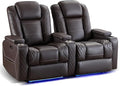 TUNYI Home Theater Recliner Chair - Power Recliner Sofa Chair with Adjustable Headrest Faux Leather Reclining Chair with USB/Storage/LED Light/Cup Holder (Brown 2 Seat)