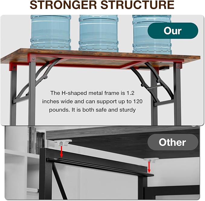 TEMI Long Computer Desk Folding Table - No Assembly Compact 55 Foldable Desk with Power Outlets &amp USB Charging Port Portable Lagre Office Desk Ideal Large Study Table for Narrow Spaces Brown