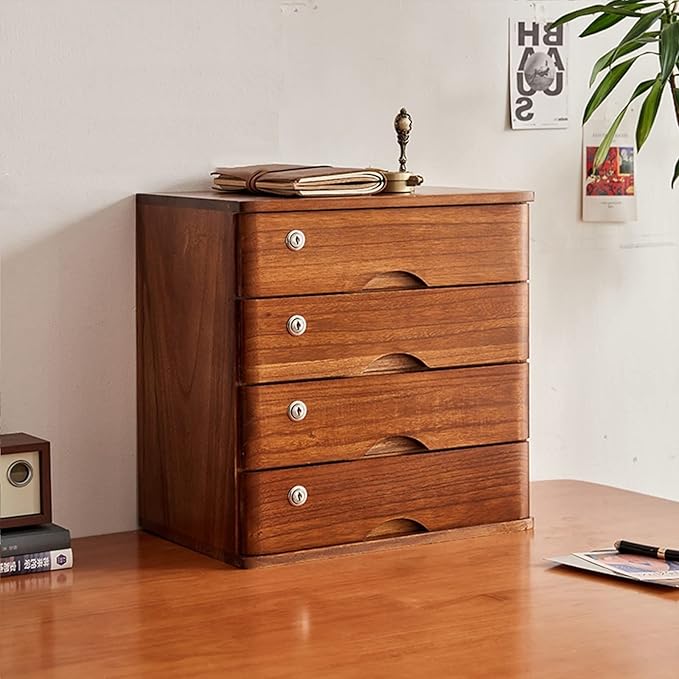 Desktop Storage Box with Drawers - Desktop File Cabinet with Lock Wooden Flat File Cabinet Storage Home Small Desktop Drawer Cabinet Desktop Storage Cabinet/Data Cabinet (C 4 Drawer)
