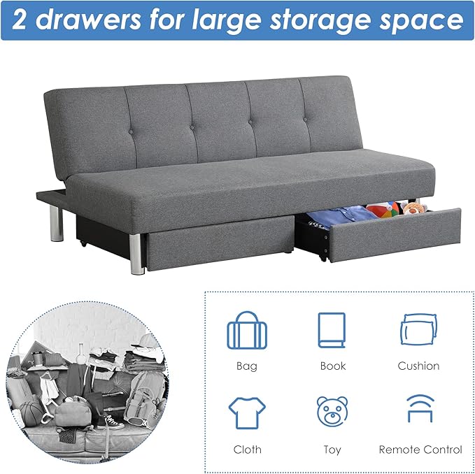 Giantex 3-Seat Convertible Sofa Bed Long Sofa Couch w/ 2 Large Drawers Ergonomic Sleeper w/ 3 Adjustable Angles Heavy Duty Sofa Bed for Living Room Bedroom Study Room &amp Office