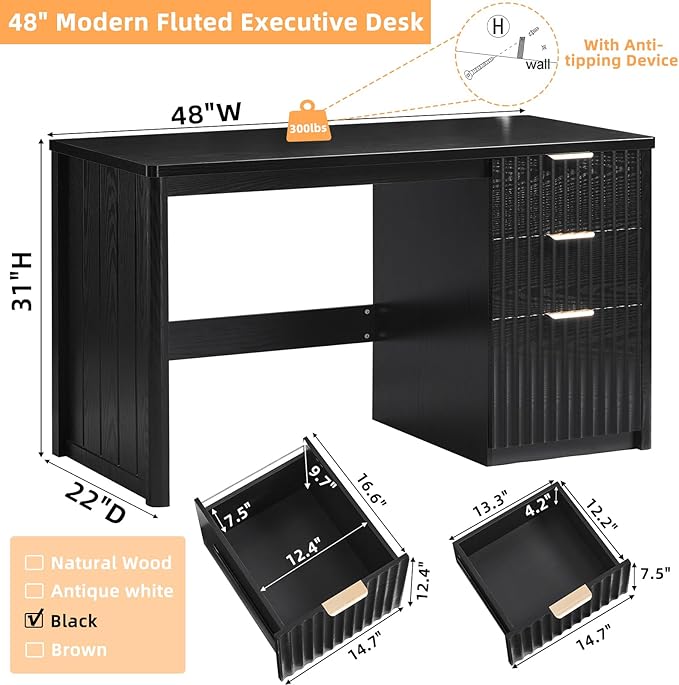 LEYAOYAO Office Desk 48 with 3 Drawers Storage File Cabinet Wood Fluted Desk for Computer Office Bedroom Home Furniture Black