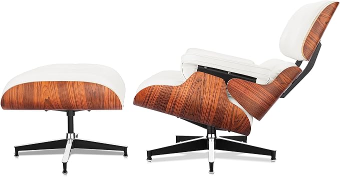 Top White Grain Leather Mid Century Chaise Lounge Chair and Ottoman Modern Chair Classic Design Palisander Wood Heavy Duty Base Support for Living Room Office