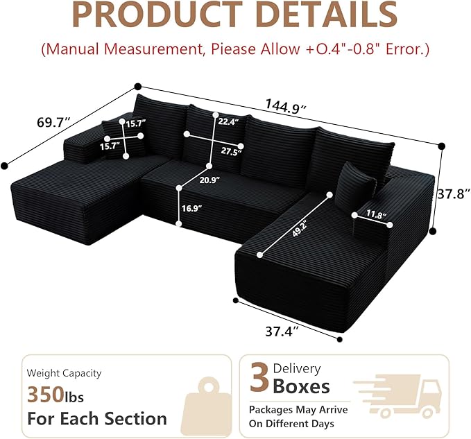 Cloud Modular Sectional Sofa for Living Room 134x69.7 Oversized U-Shaped Couch with 9 Pillows Big Comfy Couches Set Fluffy Deep-Seat Corduroy Sofa with Left &amp Right Chaise No Assembly (Black)