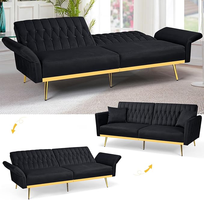 70” Velvet Futon Sofa Bed with 2 Pillows and Adjustable Armrests Convertible Sleeper Bed W/Adjustable Backrests Modern Loveseat for Living Room Bedroom Black