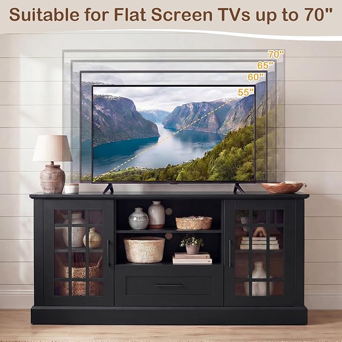 Tangkula Farmhouse TV Stand for TV up to 65 70 Inches Tall Media Console Table with 2 Glass Storage Cabinets 1 Drawer &amp 2 Open Shelves Wooden Entertainment Center for Living Room (Black)