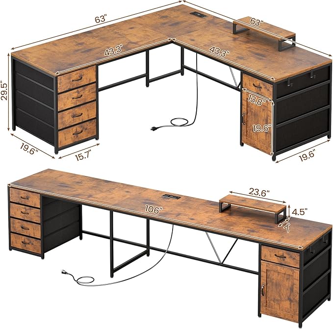 SEDETA L Shaped Desk 63 Computer Desk with 5 Drawer &amp Power Outlet Long Home Office Desk or Corner Desk L Shaped Corner Desk with Monitor Shelf Storage Cabinet Rustic Brown
