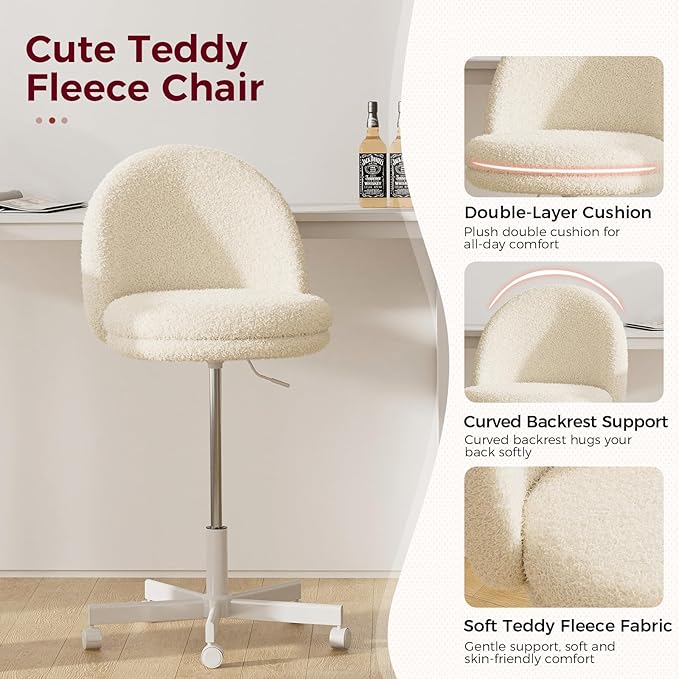 COMHOMA Vanity Chair with Teddy Velvet Small Tall Armless Chair with Back Cute Candy Chair for Girls Gift Living Room/Makeup Room/Bedroom/Kitchen (Height Use: Adjustable from Desk to Bar Height)