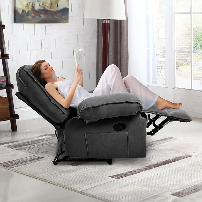 Oversized Recliner Chair for Adult Plus Size 49.21 Extra Wide Seat Manual Fleece Recliner with Pockets Ergonomic Massage Heated for Living Room Bedroom Home Threater Office Lounge (Grey)